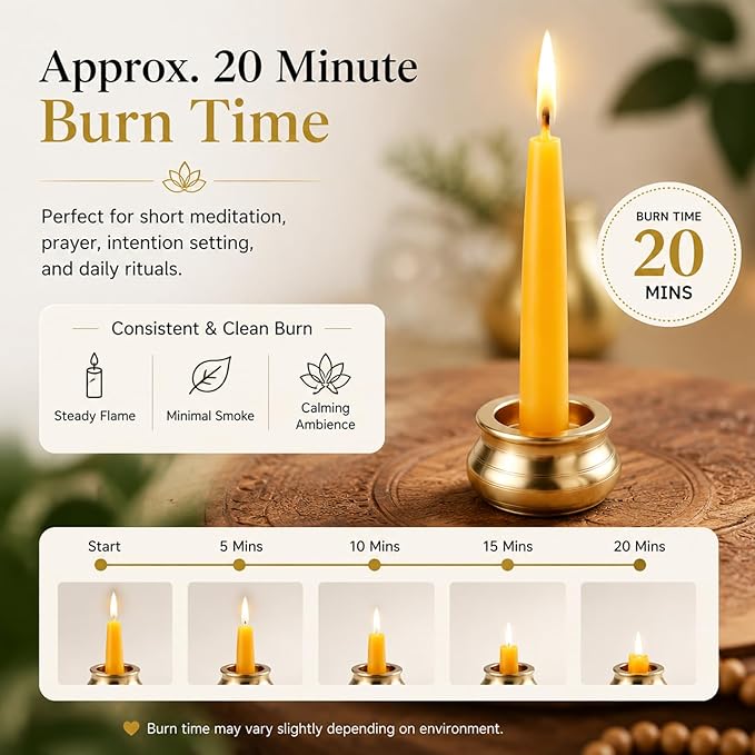 Beeswax Meditation Candles, 20 Minute Mini Taper Candles with Candle Holder | Beeswax,12Pack,Chime,Prayer,Non Toxic,Small,Spell,Birthday,Shabbat,Ritual,Yellow,Natural,Unscented,Witchcraft,Altar,Orthodox