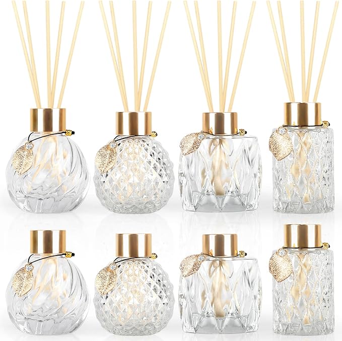 8Pcs Reed Diffuser Set with Metal Golden Decoration, 3.5oz-4.2oz Empty Bottles with 20Pcs Reed Sticks, Unique Design Bottles for Home and Office
