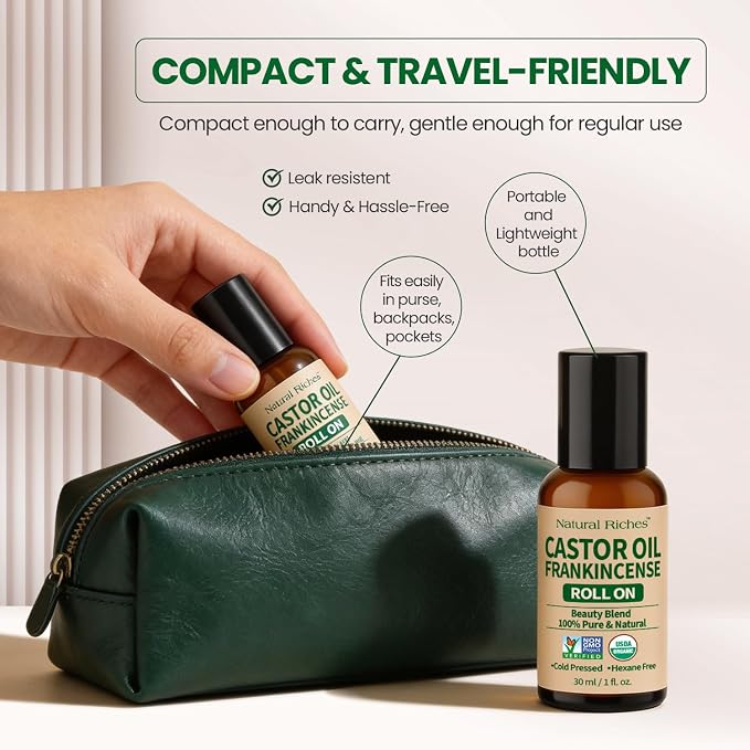 Natural Riches Organic Castor Oil and Frankincense Eye Roller 30 ml - Lightweight Roll On for Under Eye Puffiness, Face, Wrinkles, Fine Lines - Cold Pressed and Hexane Free.