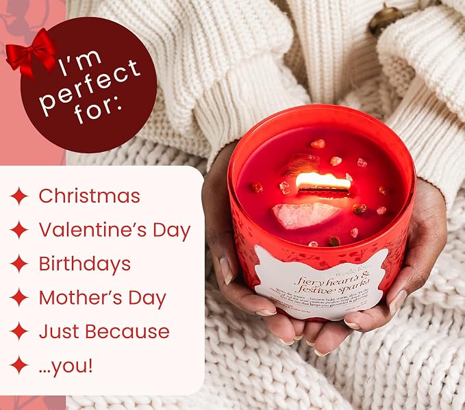 Red Crystal Candle for Women – 12oz Large Luxury Soy Wax with Crackling Wood Wick, Slow Burn Meditation with Healing Crystals, Birthday or Mother’s Day Gift