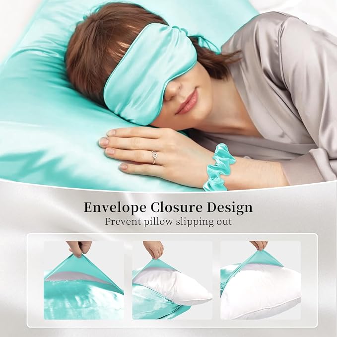 my novel things Satin Pillowcase Gift Set with Silk Satin Sleep Mask 4 Scrunchies, 2Pack Standard Size Silky Pillow Cases Luxury Sleeping 7 Pieces Set for Women Wife Female Birthday Mother Gift
