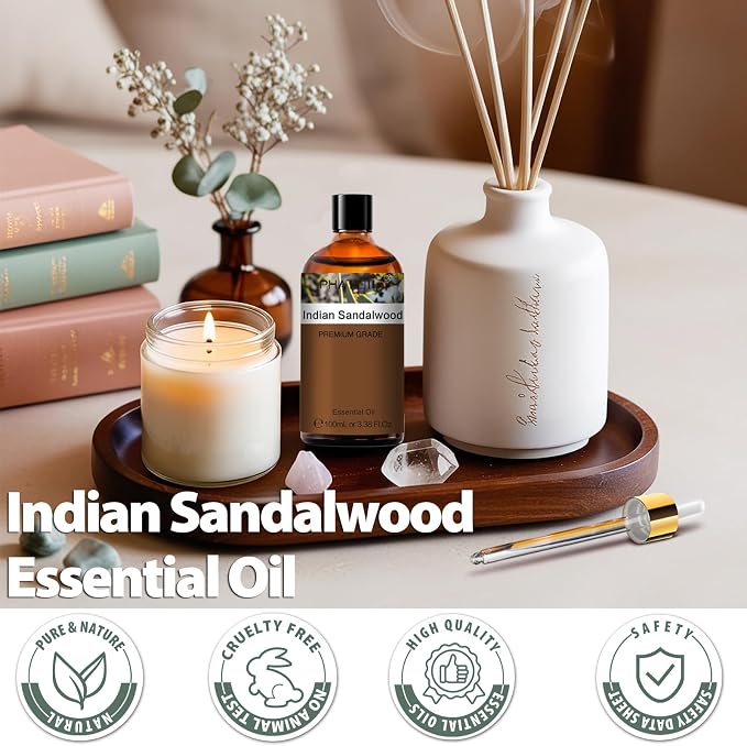 PHATOIL Indian Sandalwood Essential Oil, Pure Premium Natural Oil for Hair Care, Body Skin Care, Aromatherapy, DIY Candle, Soap Making 3.38Fl Oz