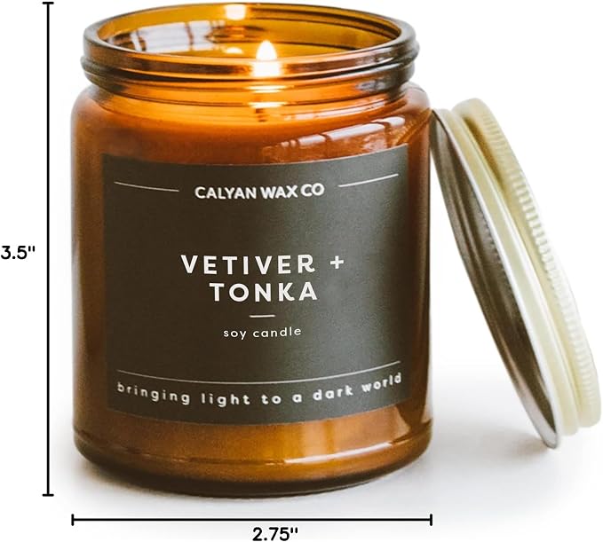 Calyan Wax Co. Vetiver & Tonka Scented Candle - 57 Hour Burn - Luxury Clean Soy Wax Candles - Long Lasting Amber Glass Jar Candle for Home - 7.2oz