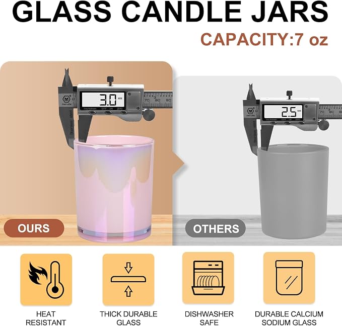SHOWIN Thick Candle Jars for Making Candles 16 Pcs, 7 OZ Empty Jars with Wood Lids for Candle Making, Sample Container, Glitter Pink