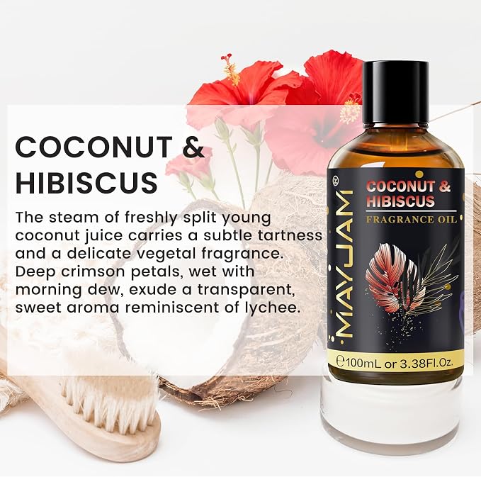 Coconut & Hibiscus Fragrance Oil Essential Oil, MAYJAM 3.38FL.OZ Coconut & Hibiscus Oil for Diffusers for Home, Long Lasting Scented Oils for Soap Candle Making - 100ML
