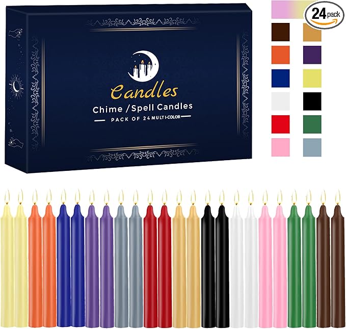 Kunrsug 24 Pack Assorted Color Spell Chime Candles – Premium Mini Unscented Taper Candles for Rituals, Prayer, Birthdays, Meditation, Altar, Spells, Chime Candles - 4 Inch Tall - Ideal for Witches