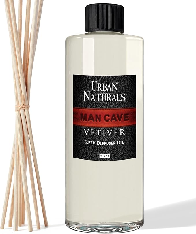 Urban Naturals Reed Diffuser Oil Refill Man Cave Vetiver with Oud, Amber, Frankincense 8 oz + Free Reed Sticks, Made in the USA