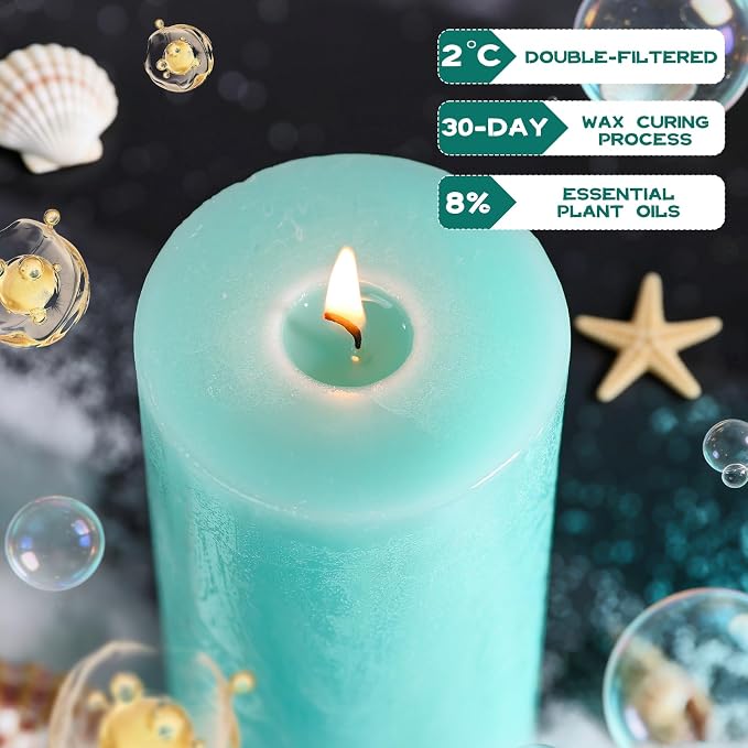 Ocean Breeze Scented Pillar Candle - 2.8x6 Inch, 75-Hour Burn, Textured Blue Coastal Candle with Sea Salt & Driftwood Fragrance, Luxury Air Freshening Aromatherapy Pillar for Home Relaxation