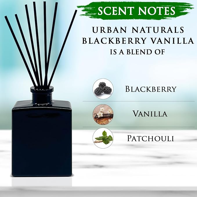 Urban Naturals BlackBerry Vanilla Reed Diffuser Set – Ripe Blackberries, Warm Vanilla & Patchouli – 5 Ounce Sleek Black Rectangular Refillable Glass Bottle – Made in the USA