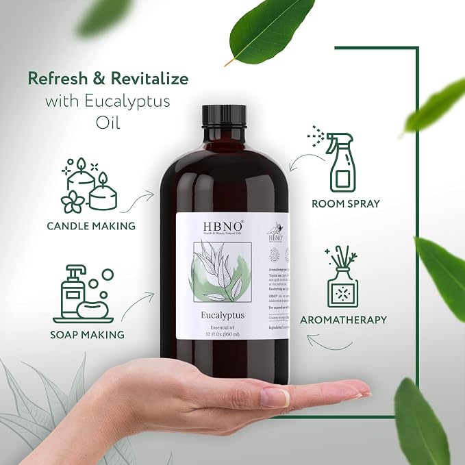 HBNO Eucalyptus Oil - 32 oz (950ml) Large Size - Ideal for Shampoos, Conditioners, Mouth Washes, Face wash, Lotions, and Skin Care Products.