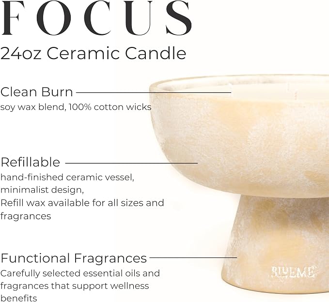 Blueme Focus Candle | Eucalyptus & Lime | 5 Wick - Refillable Wellness Candle with Essential Oils, Hand Finished & Poured Soy Wax Blend Ceramic Vessel, Natural Cotton Wicks | Large 24 oz