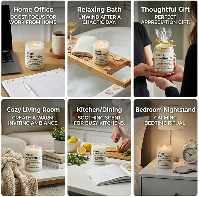Chaos Coordinator Gifts for Women, Boss, Coworker - Funny Scented Candle Gift - Sage & Sea Salt Soy Wax Candle in Frosted Jar (8 oz) - Office Desk Decor & Appreciation Gift