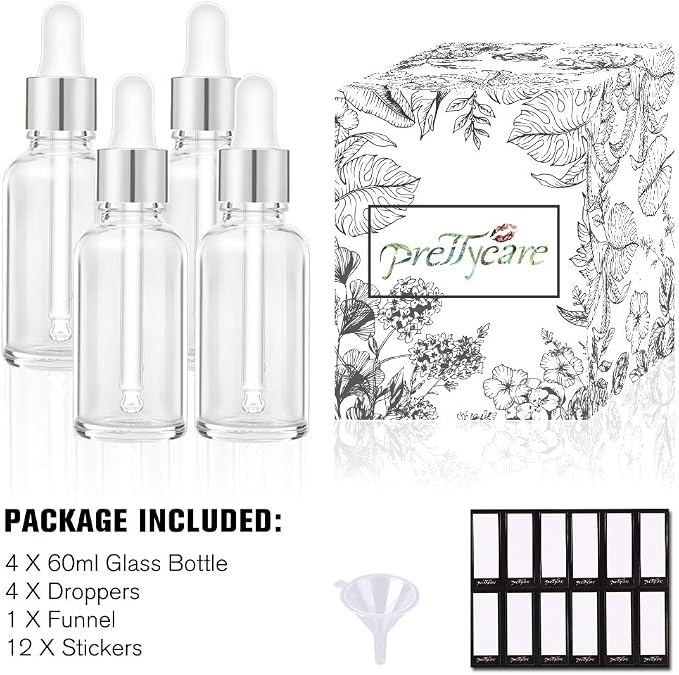 PrettyCare 2 oz Dropper Bottles, 4 Pack Frosted Glass Bottles 60ml with Golden Caps, 12 Labels, Funnel & Measured Pipettes-Empty Tincture for Essential Oils & Skincare
