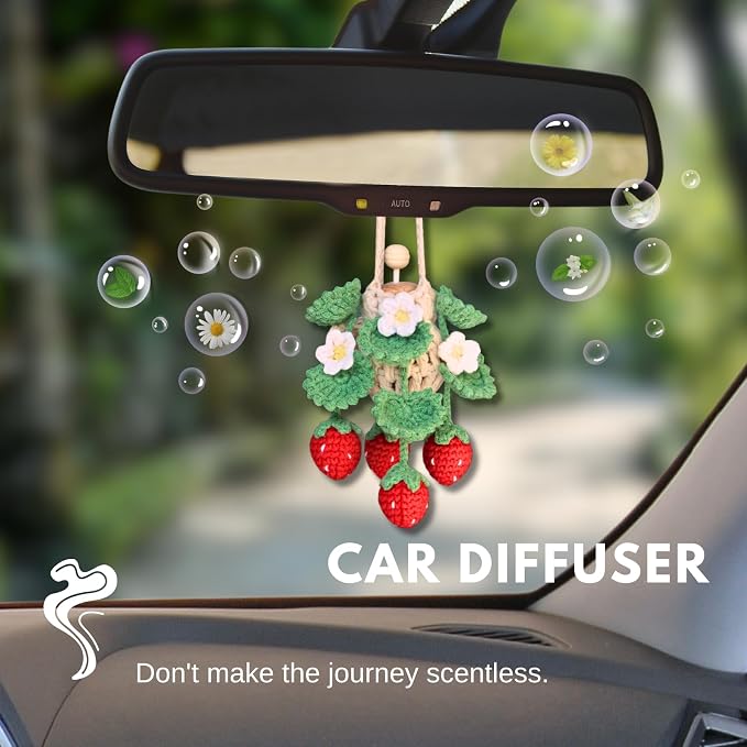 ROFIGL Handmade Crochet Hanging Car Air Freshener - Cute Strawberry Plant Design, 12ml Refillable Thick Glass Bottle, Car Diffuser for Rearview Mirror, Home & Office Decor