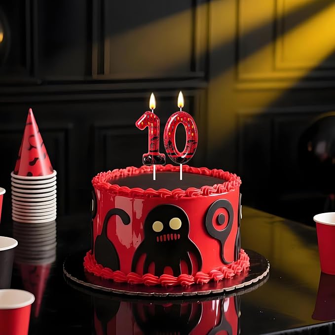 Red Number 1 Birthday Candle for Cake – Dark Horror Style with Alphabet Print & Shadow Design – Unique Cake Topper for Birthday, Anniversary, Themed Party Decoration