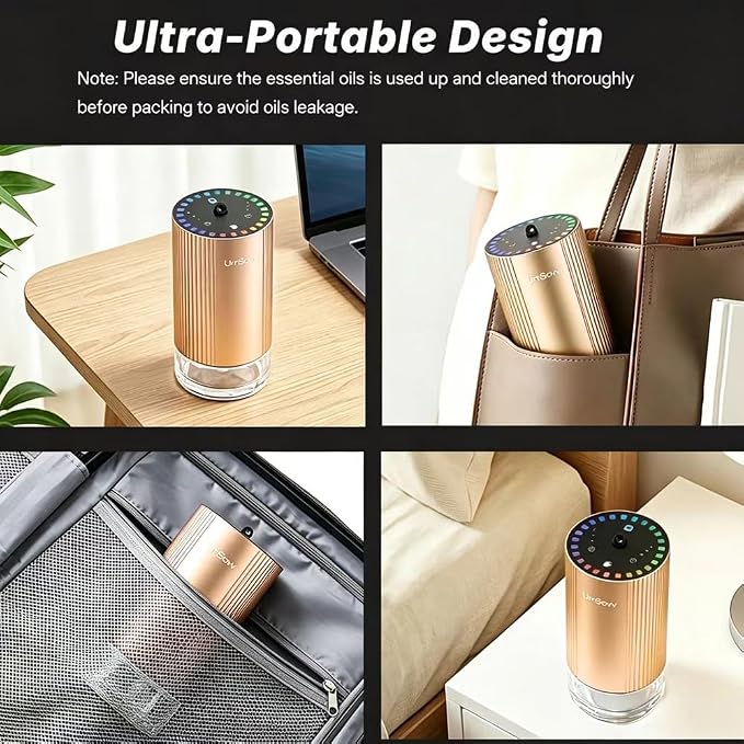 Waterless Car Diffuser for Essential Oils Wireless Battery Operated Car Diffuser Portable Cordless 60ML Air Freshener Diffuser 3 Timers & 3 Mist Levels for Car Home Bedroom Travelling (Gold)