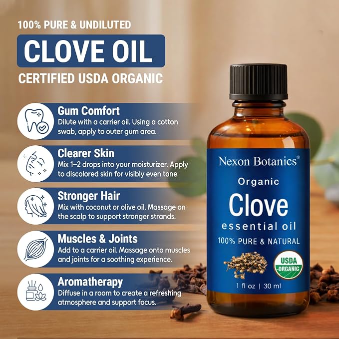 Organic Clove Essential Oil 30 ml - Pure, Natural, Undiluted for Toothache, Sore Muscles, Skin & Hair Care - Soothing Clove Bud Essential Oil - Nexon Botanics