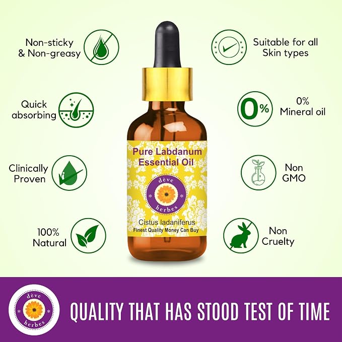 dève herbes Labdanum Essential Oil (Cistus ladaniferus) with Glass Dropper | Pure | Viscous Texture | Unisex | All Skin Types | External Use | Natural Extract | Steam Distilled 50ml X 2 (3.38 oz)