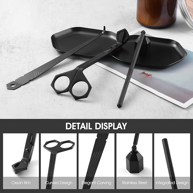 PATOISE 3-in-1 Candle Accessory Set, Wick Trimmer, Candle Snuffer, Wick Spoon, Stainless Steel Material Perfect for Candle Lovers(Black)