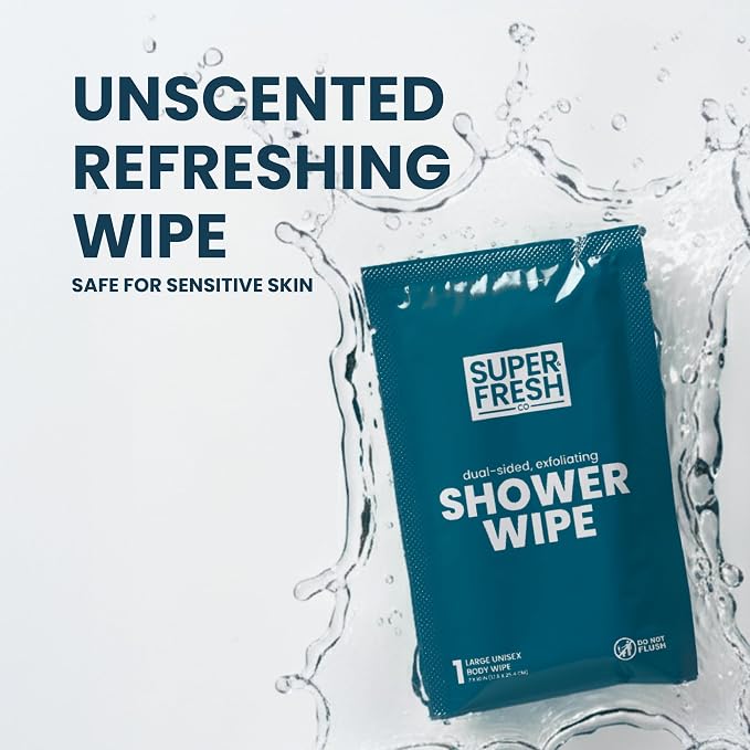 Super Fresh Shower Body Wipes, Travel Essentials for Camping, Large Unscented for Adults, Women, Men, Kids Personal Hygiene Cloth Enriched with Aloe and Vitamin E, Individually Wrapped 20 Pack