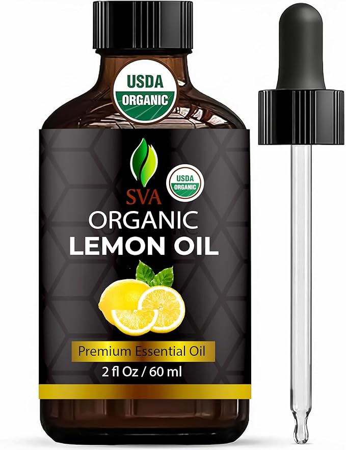 SVA Lemon Essential Oil Organic – 2 Fl Oz – 100% Natural Organic Lemon Oil - for Diffuser, Hair, Face, Skin Care, Aromatherapy, Scalp and Body Massage, Soap and Candle Making - with Dropper