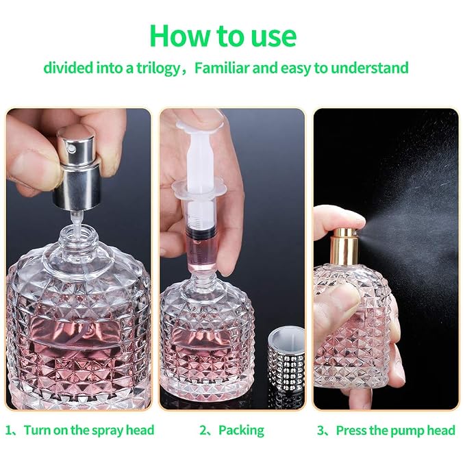 2 Pack 50ml Thick Clear Glass Fine Mist Spray Scent Aftershave Luxury Perfume Bottles Empty Atomizer Spray Bottle with 4 kinds of perfume dispenser (Silver cap and Gold cap)