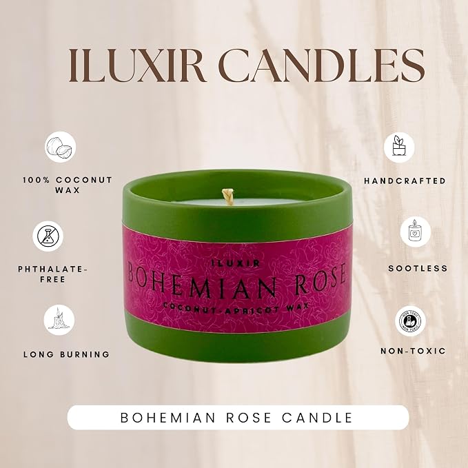 Bohemian Rose Scented Candle Fresh Floral Aroma with Rose Magnolia Patchouli Natural Coconut Wax Long-Lasting Non-Toxic Eco-Friendly Home Office Decor Relaxation Handcrafted Luxury (5 oz.)