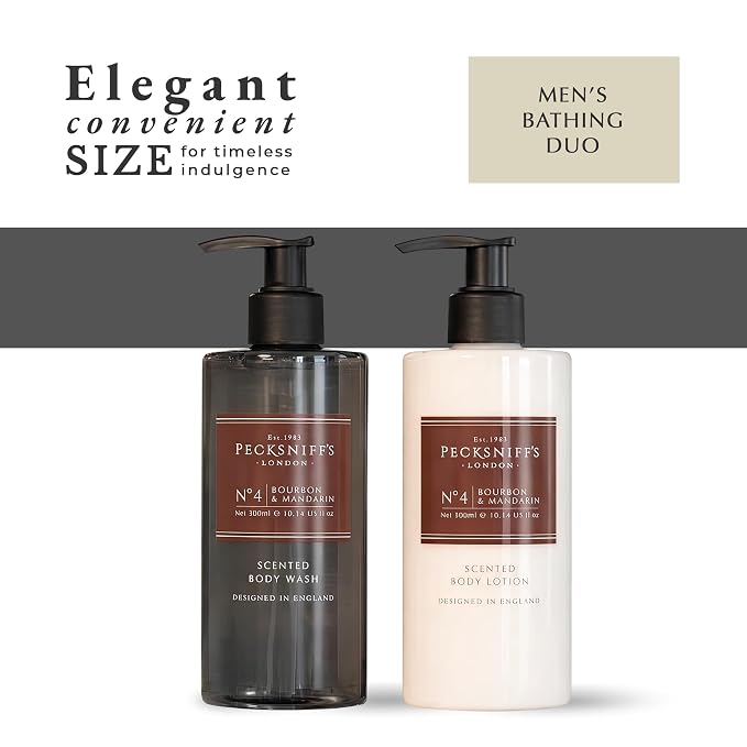 Pecksniffs Mens Bathing Duo Collection – Bourbon & Mandarin Scented Body Wash and Body Lotion Gift Set, 2 x 250ml