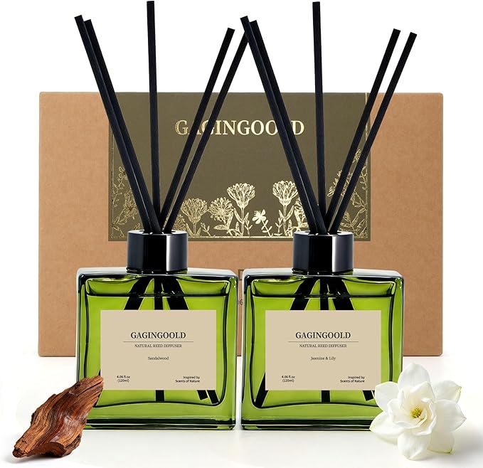 Reed Diffuser Set of 2, 4 fl oz Earthy Sandalwood & Jasmine Lily Scent Diffuser with 20 Sticks, 180 Days Long Lasting Elegant Home Fragrance for Bathroom Bedroom Decor Air Fresh