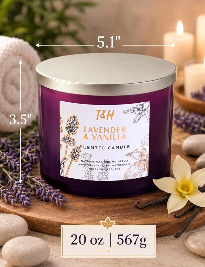 Lavender Vanilla Candle | 4 Wick Extra Large Scented Soy Candles 20 oz | Highly Scented Aromatherapy Lavender Candle for Women | Relaxing Stress Relief Home Scent | Long Lasting Clean Burn