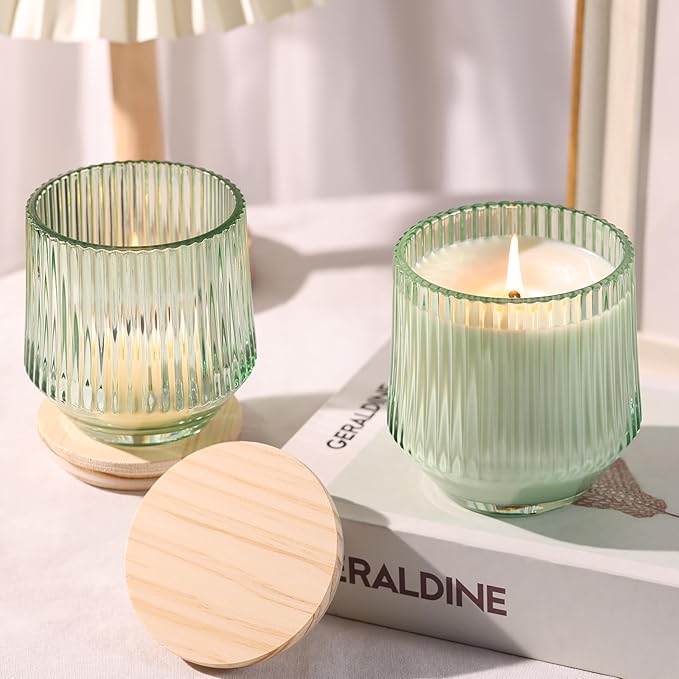 simeitol 13 OZ Light Green Large Candle Jars for Making Candles - 6 Pack Glass Candle Jars Bulk with Vertical Striped, Candle Vessels Supplies with Bamboo Lids and Candle Wick Kit, for DIY & Home