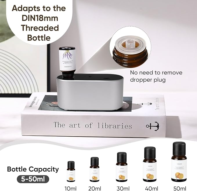Lecdura Waterless Diffuser for Essential Oil, Battery Operated Scent Air Aromatherapy Diffuser, Mini Aroma Diffusers with 3 Intermittent Mist Modes, Cycle Start for Home Office Bedroom - Silver