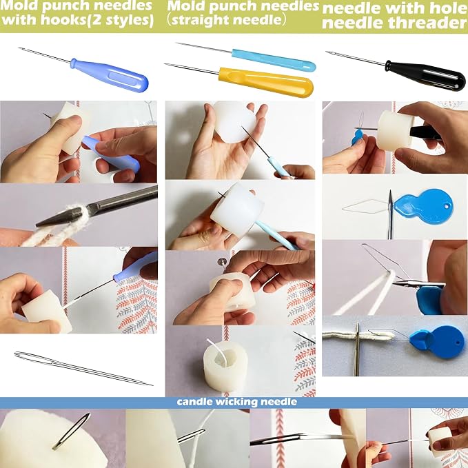 Candle Wick Needle Kit Candle Wick Inserting Tool Mold Punch Needle with Hook & Eye, Large-Eye Needle for Candle Silicone Molds,Candle Wick Roll 200 Ft 24 Wick Spool,Threader,Wick Holders