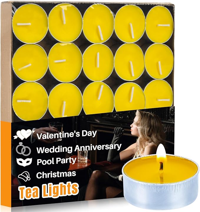 Yellow Tea Lights Candles Set - MAQIHAN Mini Tealight Candles Set Votive Soy Candle with Cotton Wick for Home Decoration, Wedding, Emergencies, 25pcs