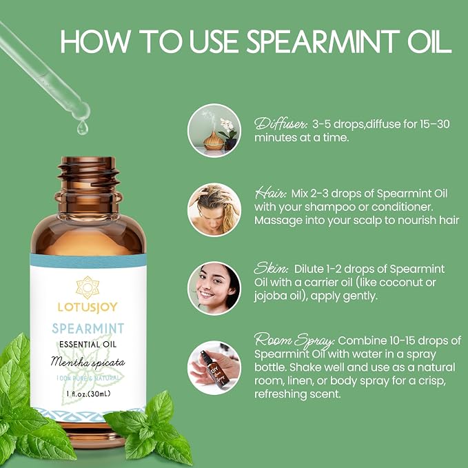 Spearmint Oil for Facial Hair Skin Roll On Diffuser Room Spray - Pure Organic Therapeutic Grade Spearmint Essential Oil 1 Oz
