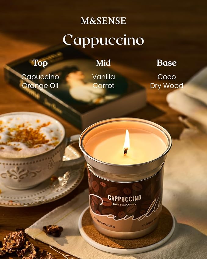 M&SENSE Cappuccino Coffee Scented Candles, Soy Wax, 16.2oz | 100 Hours Long Lasting, Clean Burn, Aromatherapy, Home Decor