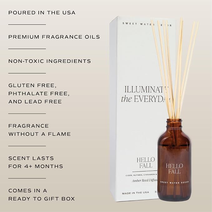 Sweet Water Decor Hello Fall Reed Diffuser Set - Hot Cider, Cinnamon, Cloves, Apple, and Nutmeg Fall Scented Diffuser - Scent Diffusers for Home, Fall Home Decor Long Lasting Fragrance Made in the USA