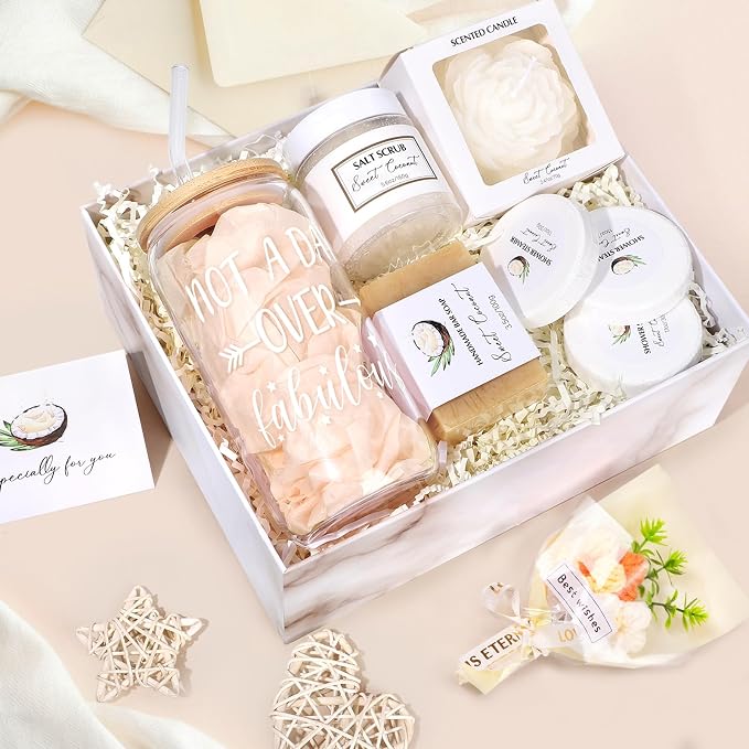 Spa Gift Baskets for Women, Sweet Coconut Birthday Gifts Baskets for Women, Spa Kit Gift Box, Bath and Body Relaxing Gifts Set for Mother Wife Sister Friends with Glass Cup Salt Scrub Shower Steamers
