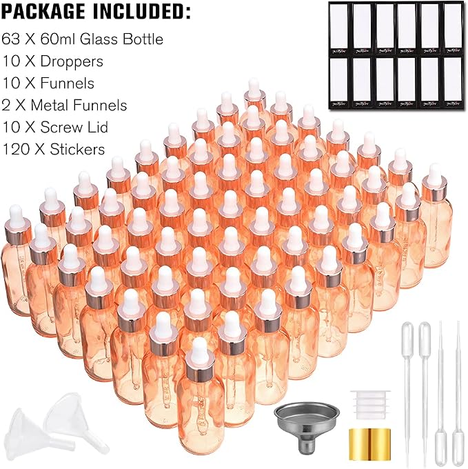 PrettyCare Glass Eye Dropper Bottles 2oz (60ml), 63 Pack Empty Thick Rose Glass Bottles Bulk with Leakproof Caps - With Labels & Funnels for for Storage, Travel,Essential Oils, DIY Serums, Tincture