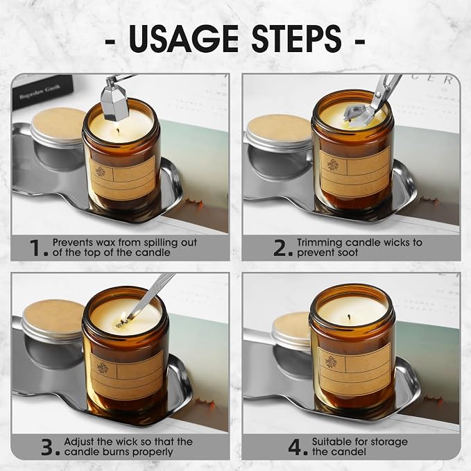 PATOISE 4 in 1 Candle Accessory Set, Wick Trimmer, Candle Snuffer, Wick Scoop, Storage Tray, Perfect for Candle Lovers (Silver)