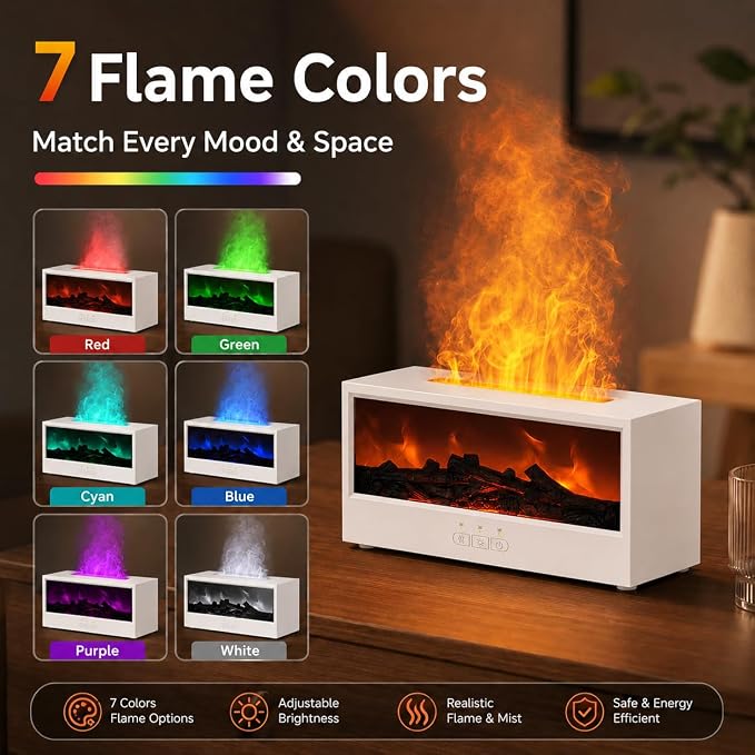 Aegci Fireplace Air Diffuser, Essential Oil Diffuser with 7-Color Flame Light, Ultrasonic Aroma Diffuser & Air Humidifier for Bedroom, Flame Diffuser with Remote Control Timer for Home Office Yoga