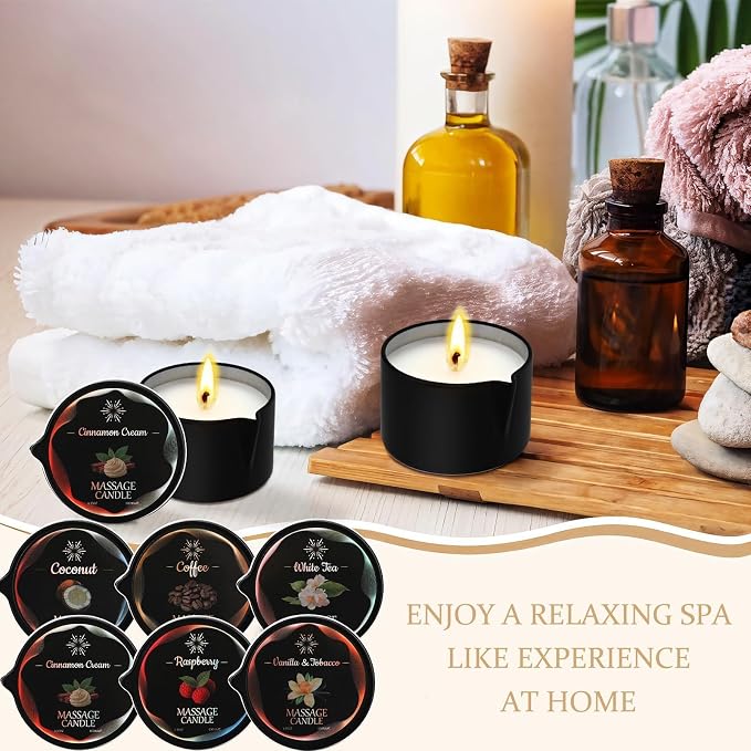 6 Pack Massage Oil Candles Set, Low Temp Soy Based Massage Candles for Massage Therapy, Relaxation & Skin Moisturizing, Assorted Scents for Home Spa Self Care
