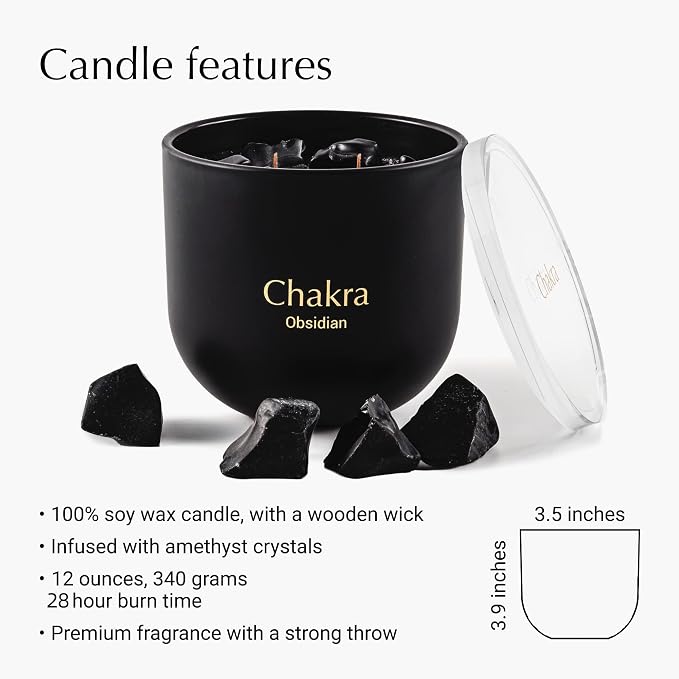 Lemongrass Ginger Chakra Crystal Candle with 6 Obsidian Crystals Inside, 2 Wood Wick Crackling Candles, 12oz Soy Wax Spiritual Aromatherapy Candle for Meditation, Healing, Yoga, Gift for Women and Men