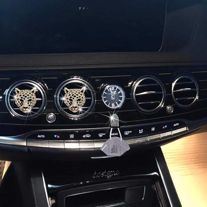 2 Pcs Golden Bling Leopard Air Fresheners, Crystal Car Diffuser Vent Clip Rhinestone Decoration for Women, Auto Accessories, Automotive Air Fresheners