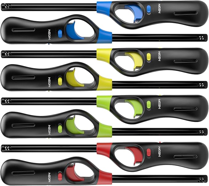 NEON Lighter, Refillable Butane Candle Lighter, 8 Pack Multi-Purpose Reusable Lighters with Long Metal Wand and Adjustable Soft Flame for BBQ, Grill, Stove, Camping, Hiking, Fireplaces, Kitchen