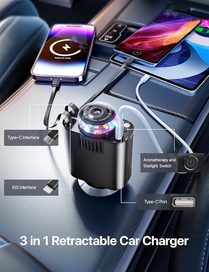 Aromatherapy 5 in 1 Retractable Car Charger with Starlight, USB C Car Charger Adapter and 2 USB Ports, Aroma Starry Sky Car Air Freshener Diffuser Fast Charging Compatible with iPhone 16 15 14 13 12