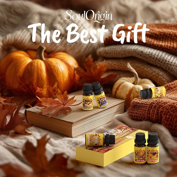 Soulorigin Harvest Fragrance Oils Set, Essential Oil for Diffuser, Fall Diffuser Oil, Use for Soap Candle Making-Crisp Apple cider, Pear&Honey, Golden Hayfield, Maple Grove, Harvest Pumpkin,Autumn Fig