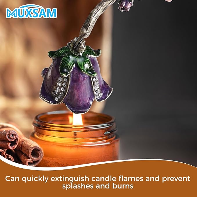 MUXSAM Vintage Candle Snuffer, Candle Extinguisher with Long Handle, Metal Wick Flame Snuffer for Putting Out Candle Flame Safely, Floral Candle Snuffers Accessory for Candle Lovers, Purple