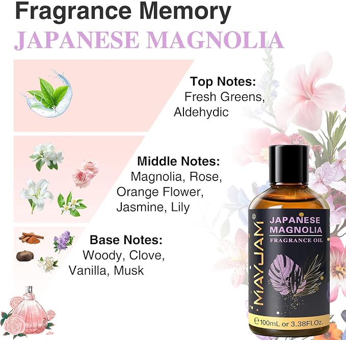 MAYJAM 100ML/3.38FL.OZ Japanese Magnolia Fragrance Oils with Glass Dropper, Essential Oils for Diffusers, Long Lasting Scented Oils for Soap Candle Making
