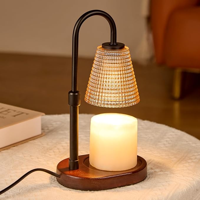 Premium Candle Warmer Lamp with Timer Dimmer-Height Adjustable Wax Melter Suitable for Any Jar Candle, Flameless Heater with Wood Base & Amber Glass,New Home Gifts for Women Mom Daughter Friend